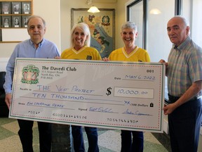 Sandro Cipparrone, left, and Vince Orlando of the Davedi Club present a cheque for $10,000 to Lori Burns and Cindie DAgostino, Friday, for The Vest Project.
PJ Wilson/The Nugget