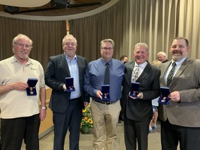 On Thursday, May 5, Sherwood Park Rams coaches Greg Johnson, Bruce Cunningham, Byron Benson, Jim Skitsko and Bill Nyszczuk were honoured with the Governor General of Canada’s 2020 Sovereign’s Medal for Volunteers Award. Lindsay Morey/News Staff