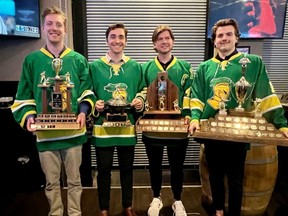 All four of the Sherwood Park Knights’ graduating players picked up trophies after a championship season. Photo supplied