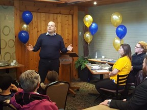 Jim Karahalios, leader of the New Blue Party of Ontario, speaks to a gathering at Smitty's in Chatham on Saturday morning. He was slated to makes stops later in the day in Sarnia and Mount Brydges. (Trevor Terfloth/The Daily News)