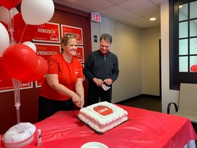 Nipissing Liberal candidate Tanya Vrebosch and Nipissing-Timiskaming MP Anthony Rota pose for a picture during the official opening of Vrebosch's election campaign office Saturday.
