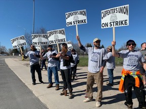 More than 50 local carpenters and drywallers picket on Algonquin Avenue Monday morning after they rejected their latest offer. More than 15,000 members of the Ontario chapter of the United Brotherhood of Carpenters walked off the job Monday at 12:01 a.m.
Jennifer Hamilton-McCharles, The Nugget