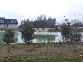 Safety will be improved when this storm water management pond in the Southampton Landing subdivision is re-graded this spring to lessen the slope and lower the water level, removing the need for a fence, according to Town of Saugeen Shores. [FRANCES LEARMENT}