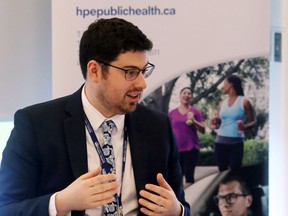 Hastings and Prince Edward Counties' medical officer of health, Dr. Ethan Toumishey, speaks during the May 4 board of health meeting in Belleville. He said local virus activity does not warrant a return to masking requirements.