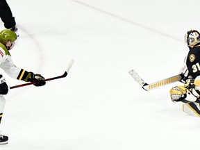 Owen Outwater of the visiting North Bay Battalion beats goaltender Leevi Merilainen of the Kingston Frontenacs in the second period of their Ontario Hockey League second-round playoff game Tuesday night. The teams continue the series Thursday night with Game 4 at Kingston.
Sean Ryan Photo