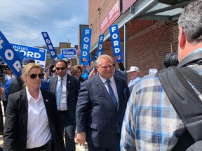 Conservative leader Doug Ford arrives at the Capitol Centre for the Northern Ontario Leaders' Debate Tuesday. He was the only political leader who didn't stay to answer questions from the media following the debate.