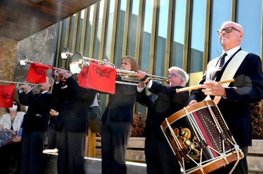 The Stratford Festival Fanfare musicians performed for those who had gathered to celebrate the official grand opening of the festival’s Tom Patterson Theatre Tuesday morning. Galen Simmons/The Beacon Herald/Postmedia Network