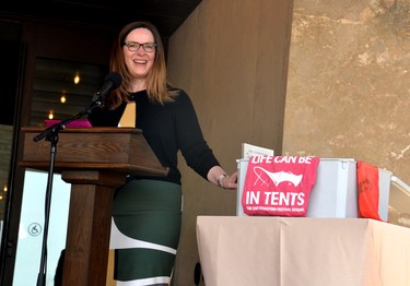 Stratford Festival executive director Anita Gaffney discusses the items, many of which are associated with the construction of the theatre and the Spirit of the Tent fundraising campaign, that will be placed in a time capsule dedicated in honour of the Tom Patterson Theatre’s grand opening. Galen Simmons/The Beacon Herald/Postmedia Network