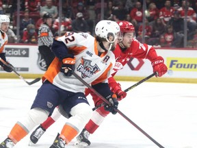 Soo Greyhounds forward Kalvyn Watson and Flint Firebirds forward Ethan Keppen in first period action during Game 3 of the Western Conference semifinal at the GFL Memorial Gardens on Tuesday night. The Hounds picked up 3-2 win but the Firebirds still lead the best-of-seven series 2-1 with Game 4 scheduled for Thursday night at the GFL Memorial Gardens.