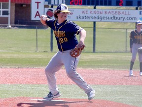 Sudbury Voyageurs pitcher Braiden Paul throws to first base during 14U baseball action against the Ottawa Nepean Canadians at Terry Fox Sports Complex in Sudbury, Ontario on Saturday, May 7, 2022.