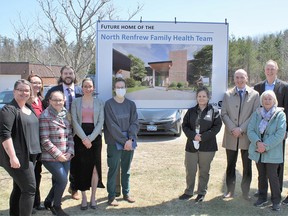 Helping to unveil the sign showing the future home of the North Renfrew Family Health Team (NRFHT) from left to right is Tabitha Kearney – DRDH chief nursing executive, Janna Hotson – DRDH president and CEO, April Wolfgram – DRDH manager of clinical services, William Willard – DRDH chief financial officer, Michelle Govereau – NRFHT office coordinator, Maddison O’Neil – NRFHT nurse, Jackie Harris – NRFHT receptionist, Chris Carroll – DRDH board chairperson, Debbie Grills – mayor of Head, Clara and Maria, John Yakabuski – MPP for Renfrew-Nipissing-Pembroke, and Glenn Doncaster – reeve for the Town of Deep River.
