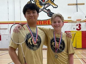 Stratford District's Nathan Siebert and Jacob Kang won gold in boys' doubles at the WOSSAA junior badminton championships.