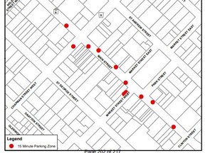 Red dots show 15-minute parking spots along Main, Market and Chapman streets in Port Dover. (Norfolk County graphic)
