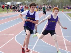 Runners from Lo-Ellen Park Secondary School take part in a boys 4x400-metre event during the SDSSAA track relays at the Laurentian Community Track Complex in Sudbury, Ontario on Wednesday, May 11, 2022. Results are to be posted at www.sdssaa.ca.