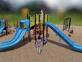 The proposed design of Hillcrest Park's new playground structure, as submitted by Park N Play Design. The colours and certain aspects of the design are still being finalized.