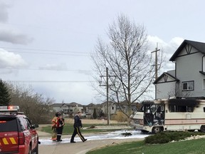 Just before 1:30 p.m. on Sunday, May 8, SCES responded to a 911 call reporting a motorhome on fire in the Summerwood neighbourhood. Photo courtesy SCES