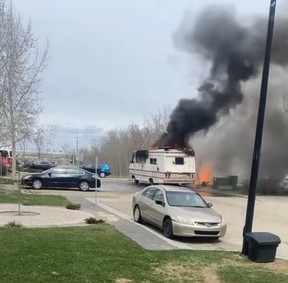 There were no injuries reported in the RV blaze that took place in Summerwood on Sunday and the cause is still under investigation. Photo via Facebook