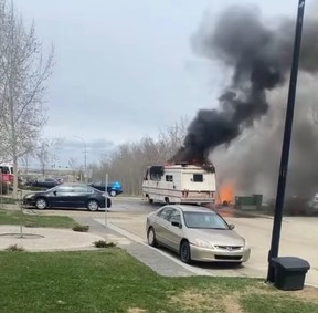 There were no injuries reported in the RV blaze that took place in Summerwood on Sunday and the cause is still under investigation. Photo via Facebook