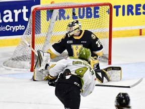 Paul Christopoulos of the visiting North Bay Battalion beats goaltender Leevi Merilainen of the Kingston Frontenacs in the second period of their Ontario Hockey League playoff game Thursday night. The teams meet again Saturday night at Memorial Gardens.
Sean Ryan Photo