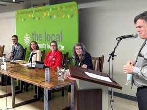 Moderated by local radio host Jamie Cottle (right), The Local Community Food Centre in Stratford hosted an all-candidates forum Thursday night for Perth-Wellington’s provincial candidates in the June 2 Ontario general election. Pictured from left are Matthew Rae (Conservative), Jo-Dee Burbach (NDP), Ashley Fox (Liberal) and Laura Bisutti (Green). Galen Simmons/The Beacon Herald/Postmedia Network