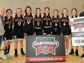 The Brantford CYO under-15 girls basketball team recently captured gold in Division I of the Ontario Basketball Association championship. Team members are coach Jen Nagy (left), Talia Ronson, Audra Nagy, Arhyanna Petrella, Venecia Petrella, Madison Bennett, Jessie Biela, Molly Parker, Carisa Tran and coach Steve Petrella.