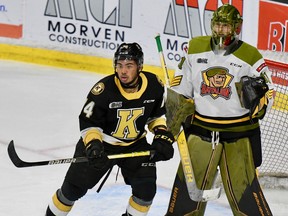 Zayde Wisdom of the host Kingston Frontenacs seeks the puck for a scoring attempt against goaltender Dom DiVincentiis of the North Bay Battalion in Ontario Hockey League playoff action Thursday night. The Troops can end the series starting at 7 p.m. Saturday at Memorial Gardens.
Sean Ryan Photo