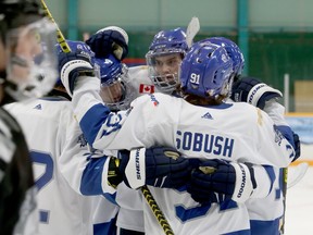 Greater Sudbury Cubs players celebrate a goal during first-period NOJHL action against the Espanola Express at Gerry McCrory Countryside Sports Complex in Sudbury, Ontario on Thursday, February 3, 2022.