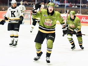 Kyle McDonald of the North Bay Battalion celebrates his first goal Saturday night against the Kingston Frontenacs as Liam Arnsby shares the joy and Zayde Wisdom appears glum. The teams played the fifth game of their Ontario Hockey League second-round playoff series.
Sean Ryan Photo