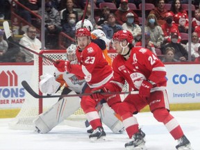 (left to right) Soo Greyhounds forwards Rory Kerins and Cole MacKay in action during Game 4 of the Western Conference semifinal against the Flint Firebirds. The Greyhounds were ousted from further playoff action after a 7-1 loss on Saturday night in Flint. MacKay scored the only goal for the Hounds at 19:35 of the third period.