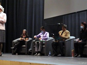 Moderator Geri Atrick of Pride North Bay addresses the audience as Michelle Lashbrook, Sean McClocklin, Joe Jobin, Erika Lougheed and Tanya Vrebosch prepare to debate issues, Friday, at Nipissing University.
PJ Wilson/The Nugget