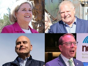 The four main Ontario provincial party leaders. Top, left to right: The NDP's Andrea Horwath; PC leader Doug Ford. Bottom, left to right: Liberal leader Steven Del Duca; Green leader Mike Schreiner.