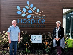 The eighth annual Hike for Hospice fundraiser in support of the Rotary Hospice Stratford Perth will be hosted both virtually and in person at the Stratford Perth Museum on June 5. Pictured are Hike for Hospice chair Dennis Young and Stratford Perth Hospice Foundation director of fund development and stewardship Lucie Stuart outside the hospice in Stratford. (Galen Simmons/The Beacon Herald)