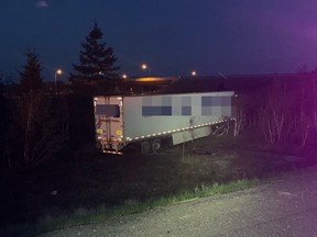 A commercial vehicle wound up in the ditch near an off-ramp from Highway 17 on Friday.