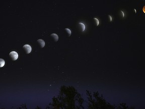 Sudbury photographer Gary Lachapelle captured this sequence of the lunar eclipse on Sunday night from the south end of the city. “Although the skies were mostly cloudy and hazy, Mother Nature co-operated somewhat for a short time to allow me to photograph the total stage of the eclipse, which resulted in a so-called Blood Moon,” he told The Star. Gary Lachapelle