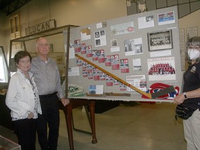 From left, Flo and Jack Park with Jackie Martens of the Lucan Area Heritage and Donnelly Museum with a new display at the museum commemorating the 1952 hockey game between the Montreal Canadiens and the Lucan Irish Six. The exhibit features a stick autographed by the Canadiens' players, and donated to the museum by Jack.