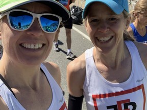 Deb Oke, an educational assistant at South Huron District High School in Exeter travelled to Boston to compete in the Boston Marathon April 18. Pictured are Kelly Zalitach and Oke, who took on the marathon together. Handout