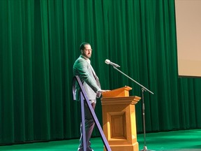 Cancer survivor Matt Payne was the guest speaker during Tuesday's launch of the Trojan Parade for Cancer, which takes place May 31. Money raised go to support cancer-care equipment at the North Bay Regional Health Centre.