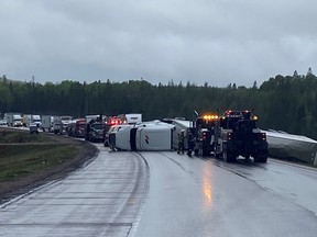 Almaguin Highlands Ontario Provincial Police are responding to a single-vehicle collision involving a tractor trailer on Highway 11 in South River.