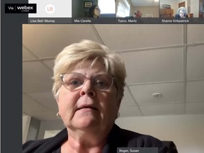 Sue Roger, vice president of clinical operations and chief nursing executive at Sault Area Hospital, addresses a virtual Board of Directors meeting Monday night. screenshot