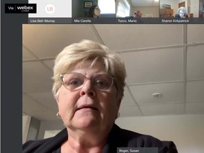 Sue Roger, Sault Area Hospital vice-president clinical operations and chief nursing executive, addresses a board of directors virtual meeting Monday evening. Screenshot