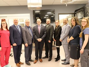 Lakeland health care aide student Bellinda Kennedy, MLA for Bonnyville-Cold Lake David Hanson, MLA for Vermilion-Lloydminster-Wainright Garth Rowswell, Minister of Advanced Education Demetrios Nicolaides, Chair of the Lakeland Board of Directors Adam Waterman, President and CEO of Lakeland College Dr. Alice Wainwright-Stewart, President and CEO of Keyano College Jay Notay, Vice President Academic of Portage College Dr. Donna Feledichuk, Lakeland animal health technology alumna Jessie Vredegoor.