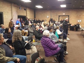 During the March 29 public meeting in Studio One at the Cultural Centre, residents ask questions about the homeless shelter planned for the former Victoria Park Public School building, located at 185 Murray St. in Chatham. Trevor Terfloth/Postmedia