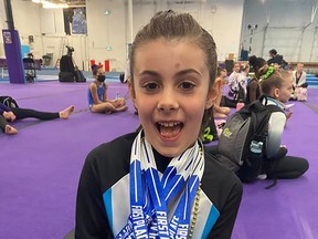 Bluewater Gymnastics Club’s Liliane Brosseau took first place in vault, bars, beam and floor as well as first all around in the Xcel Silver 8-years division during a gymnastics meet in Mississauga from April 22 to 24.
Handout/Sarnia This Week