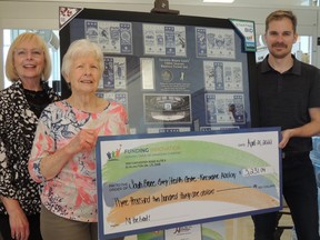 SBGHC Auxiliary members Jeanne Lindsay and Wilma Manary accept a cheque for $3,231.04 from Fundraising Consultant Adam Kooistra. SUBMITTED