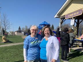 Cheryl Cottrill and MPP Lisa Thompson catch up before the Hike for Hospice event begins on Saturday, May 7. Hannah MacLeod/Kincardine News