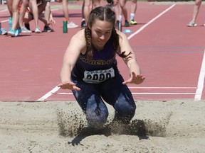 Jennifer Ietswaard, of Lo-Ellen Knights, competes in the junior girls long jump event at the high school track and field championship at the Laurentian Community Track in Sudbury, Ont. on Wednesday May 18, 2022. Look for more SDSSAA track and field coverage online and in print later this week.