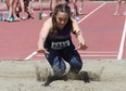 Jennifer Ietswaard, of Lo-Ellen Knights, competes in the junior girls long jump event at the high school track and field championship at the Laurentian Community Track in Sudbury, Ont. on Wednesday May 18, 2022. Look for more SDSSAA track and field coverage online and in print later this week.
