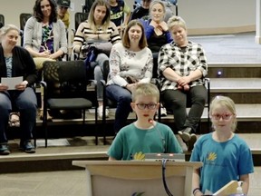 During the Tuesday, May 17 Strathcona County council meeting, École Claudette-et-Denis-Tardif students Callen and Kacie Thorson advocated for the rezoning of Florian Park to allow for their new school to be built. Photo via Strathcona County livestream