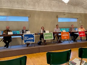 Candidates in the June 2 Ontario election take part in a debate at the Roebuck Community Centre on Wednesday evening. (MARSHALL HEALEY/The Recorder and Times)