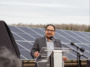 Chief Billy Morin of Enoch Cree Nation provides his remarks during the naming ceremony of EPCOR's new solar farm in Edmonton. Photo supplied by EPCOR.